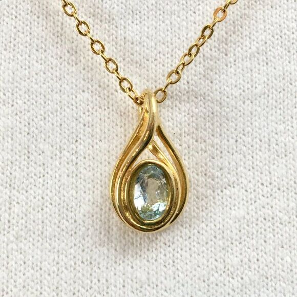 Gold Plated Faux Aquamarine Pendant 18in Trace Chain Necklace March Birthstone - Picture 2 of 13